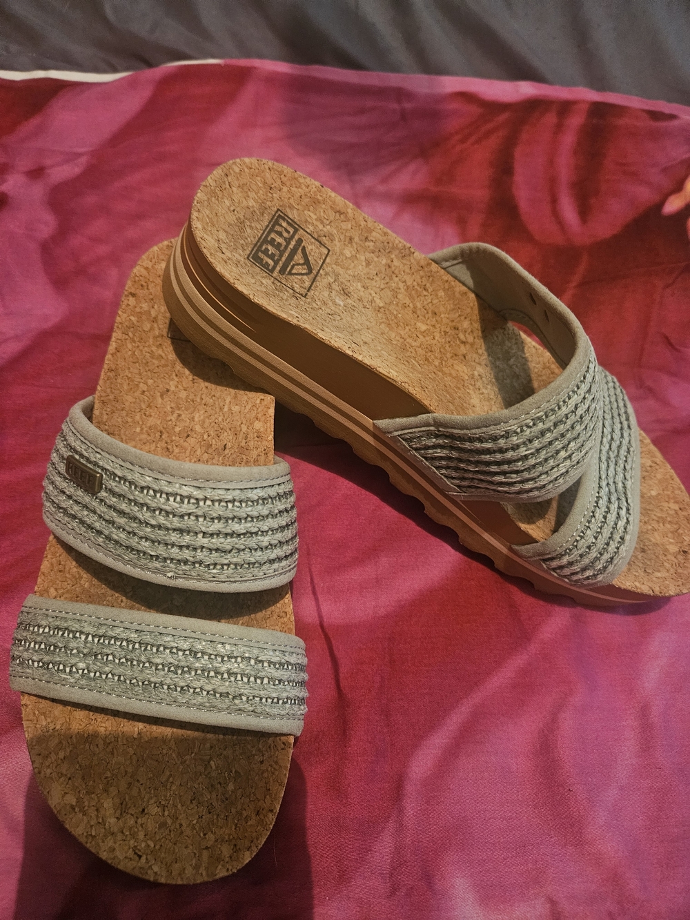 NWOT Reef Light Blue/Gray Braided Cork Wedge Sandals
